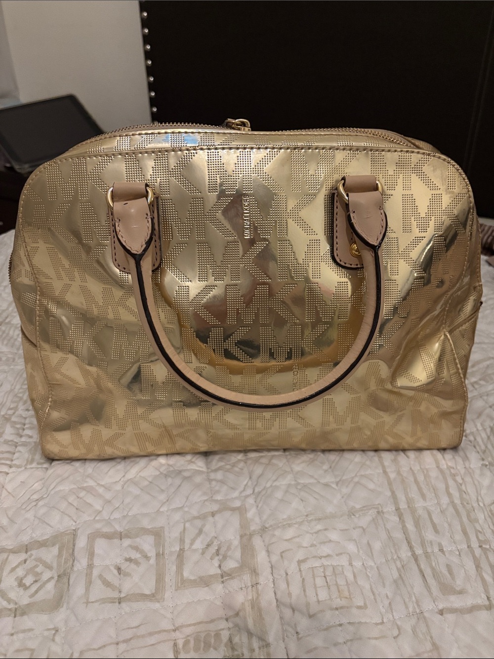 Michael Kors Gold Metallic Logo Travel Satchel - Picture 5 of 7